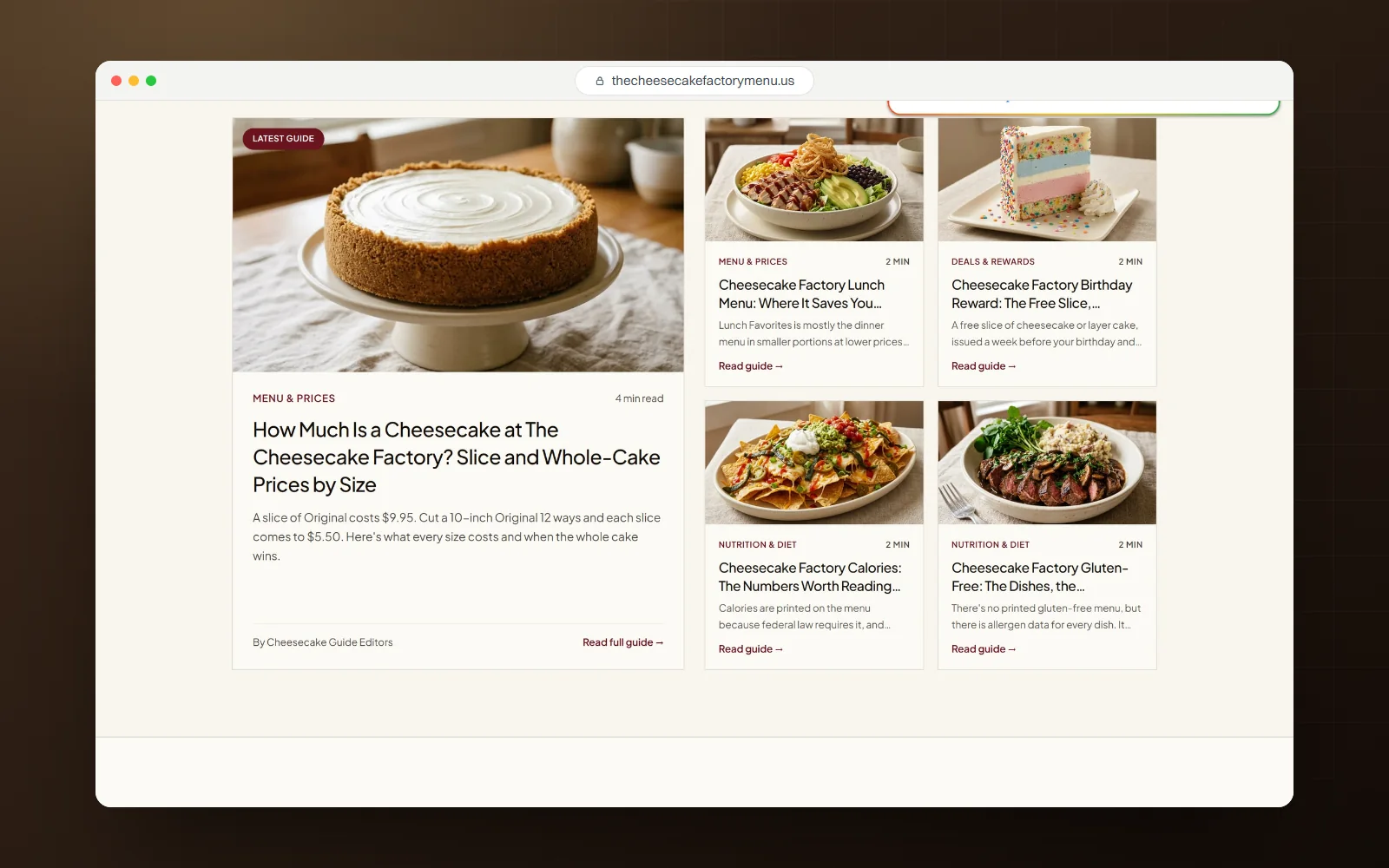 Cheesecake Factory Menu Guide, desktop screen 1