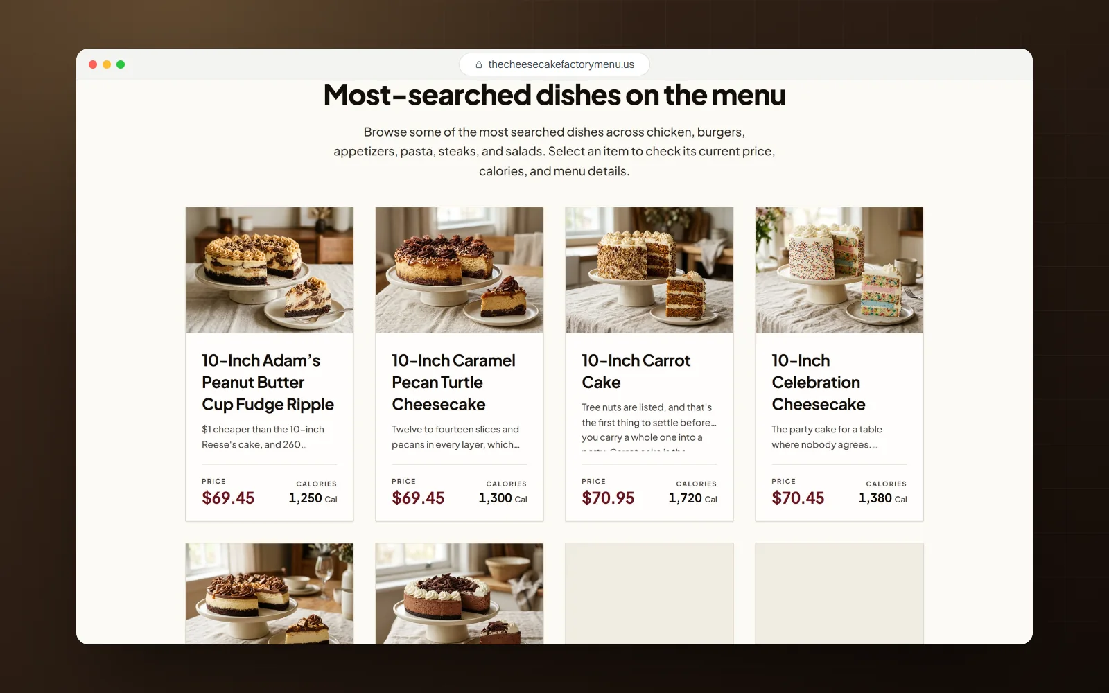 Cheesecake Factory Menu Guide, desktop screen 2