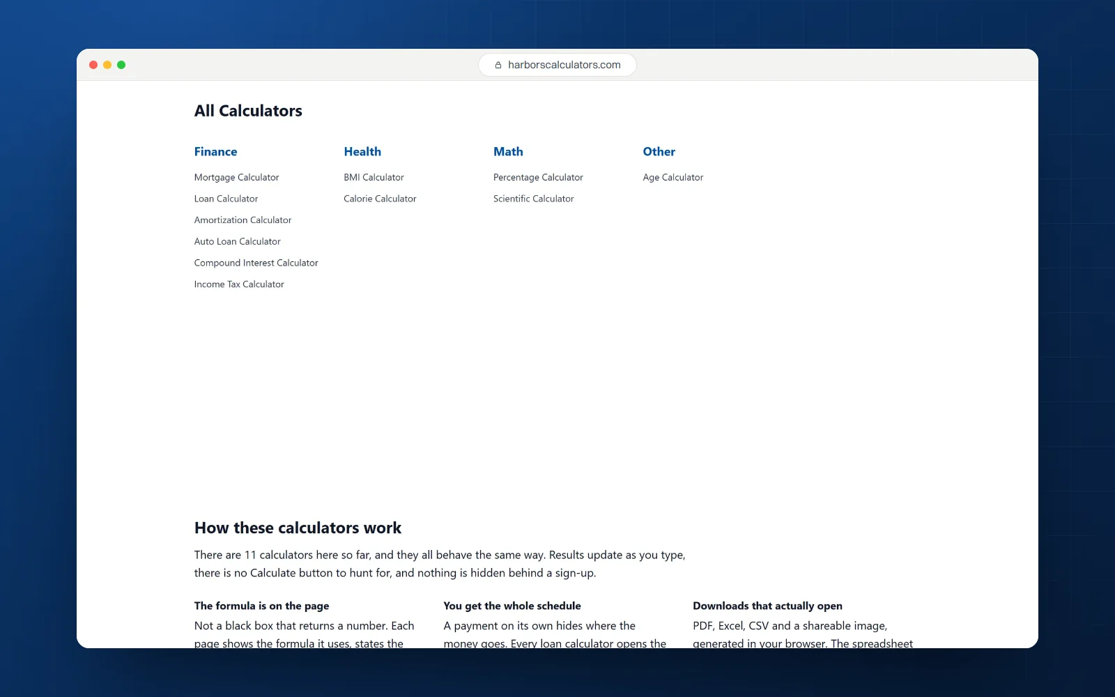 HarborsCalculators, desktop screen 1