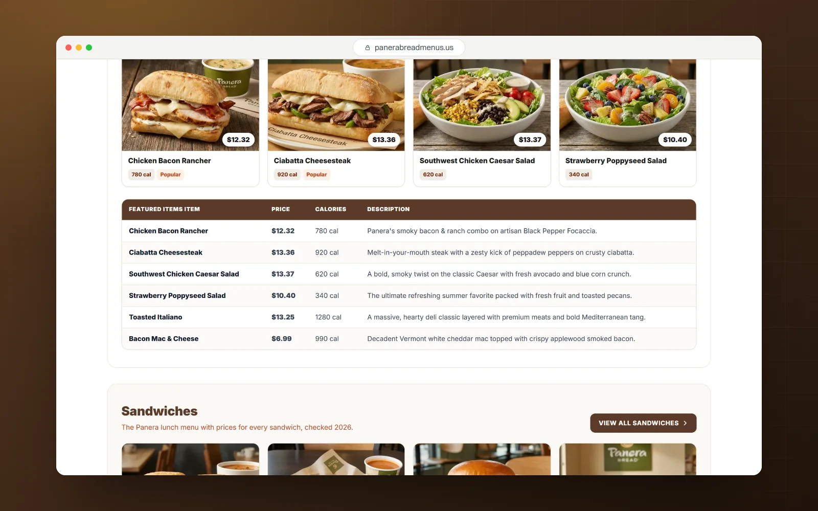 Panera Bread Menu Guide, desktop screen 1