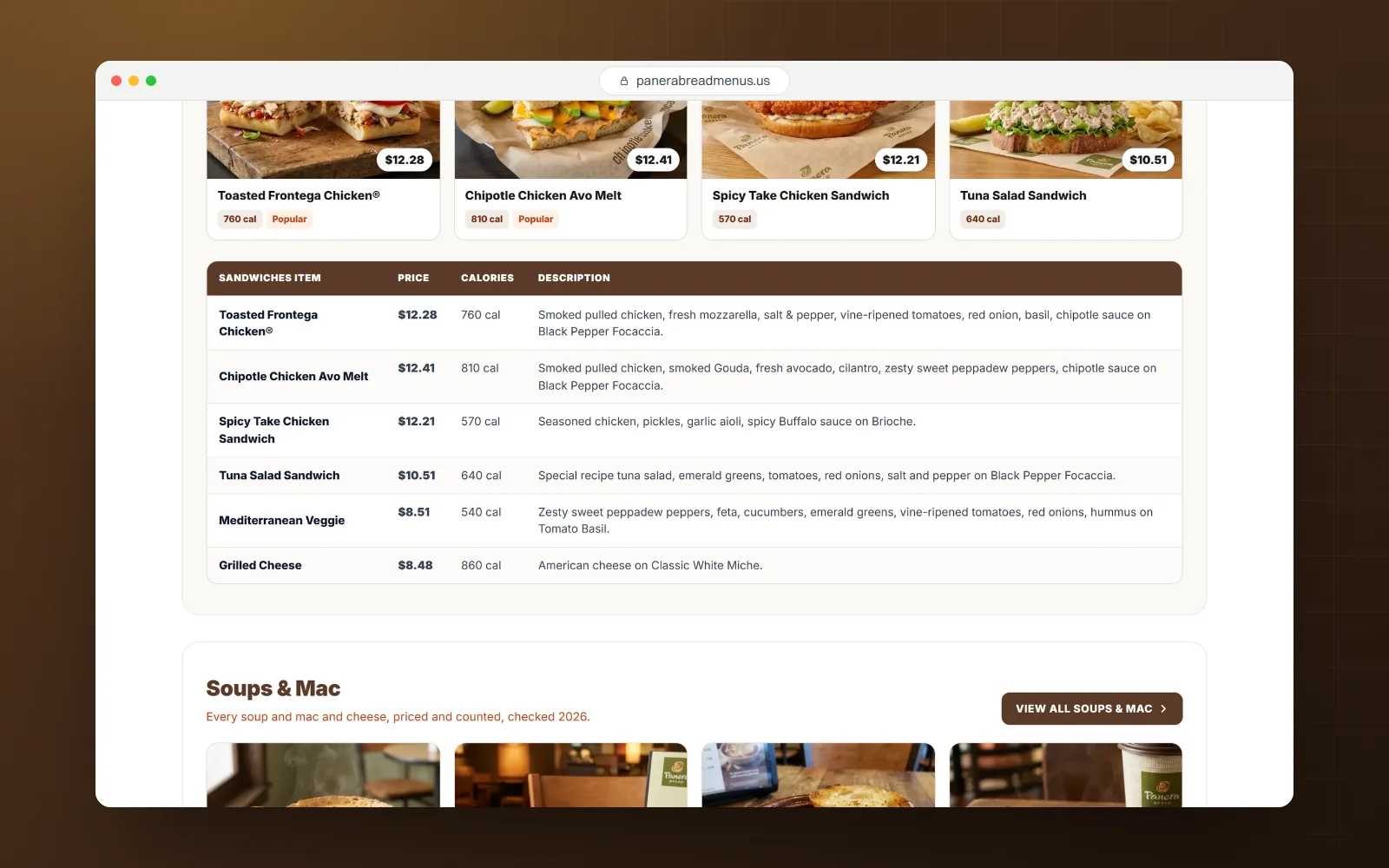 Panera Bread Menu Guide, desktop screen 2