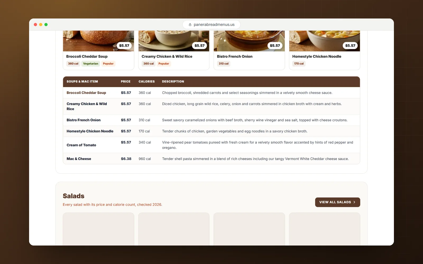 Panera Bread Menu Guide, desktop screen 3