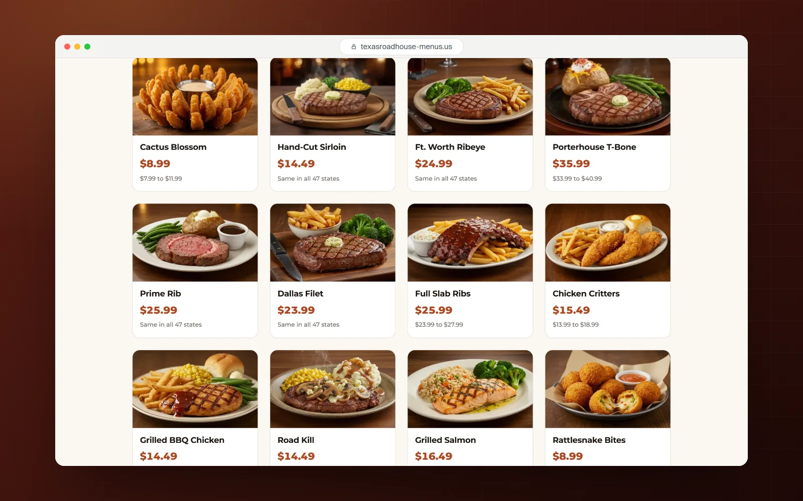 Texas Roadhouse Menu Prices, desktop screen 1