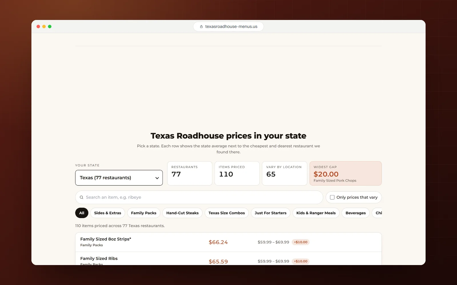 Texas Roadhouse Menu Prices, desktop screen 2